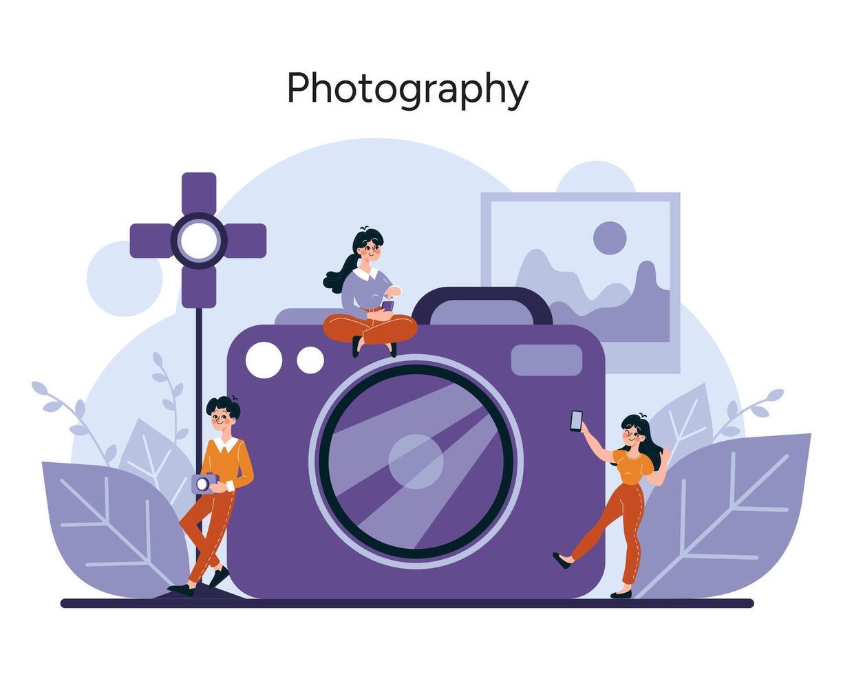 Creatively capturing the essence of moments, characters interact with an oversized camera vector