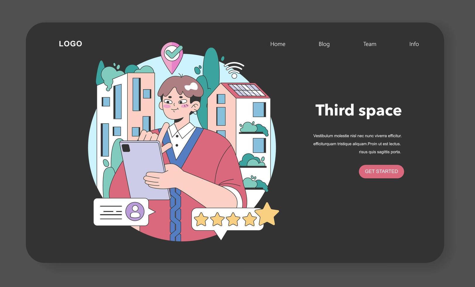 Third place night or dark mode web banner or landing page. Social vector