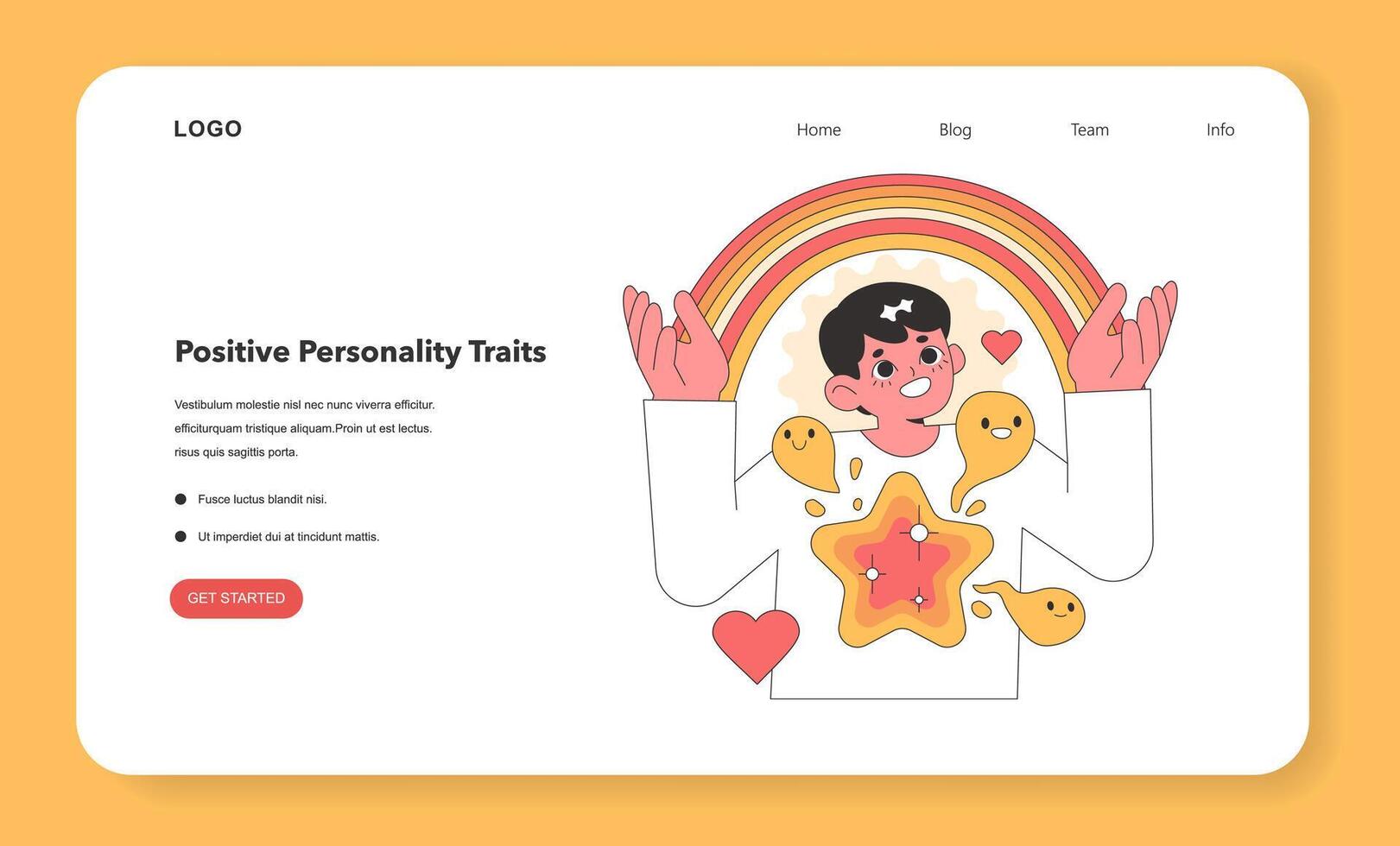 Delightful illustration of a character radiating positive personality traits, enveloped by a vibrant rainbow and joyful emoticons, symbolizing optimism vector