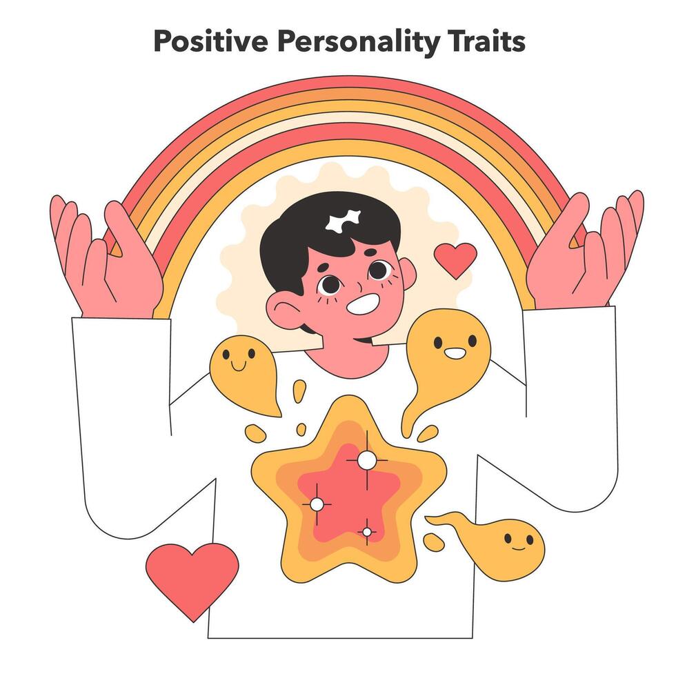 encantador ilustración de un personaje radiante positivo personalidad rasgos, envuelto por un vibrante arco iris y alegre emoticonos, simbolizando optimismo vector