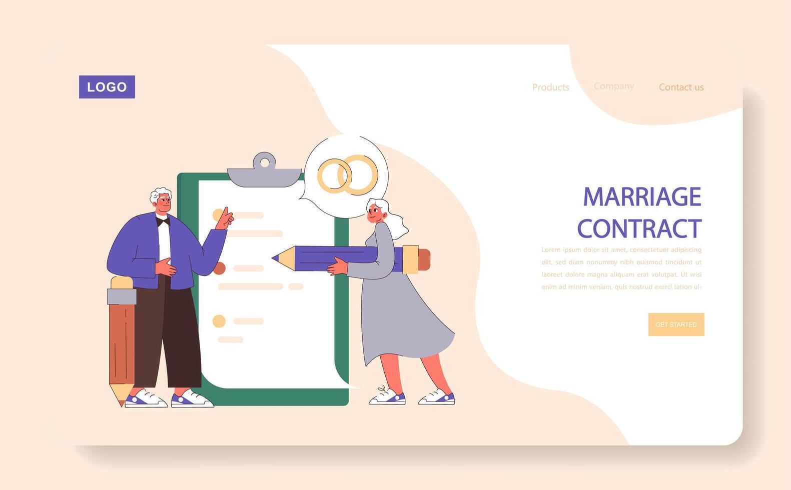 Marriage Contract web or landing. Senior couple with oversized pen and clipboard vector