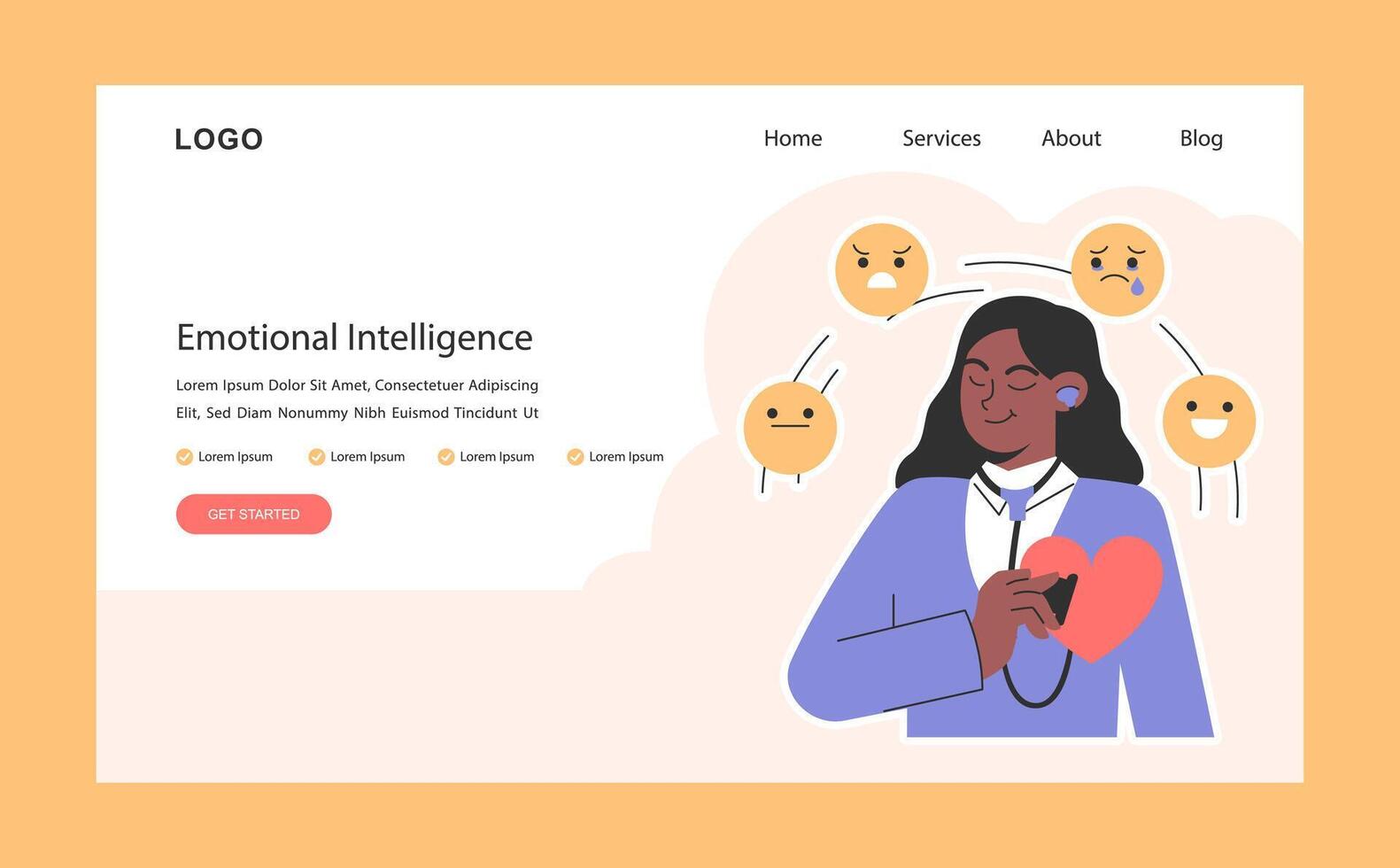Emotional intelligence web banner or landing page. Serene woman vector