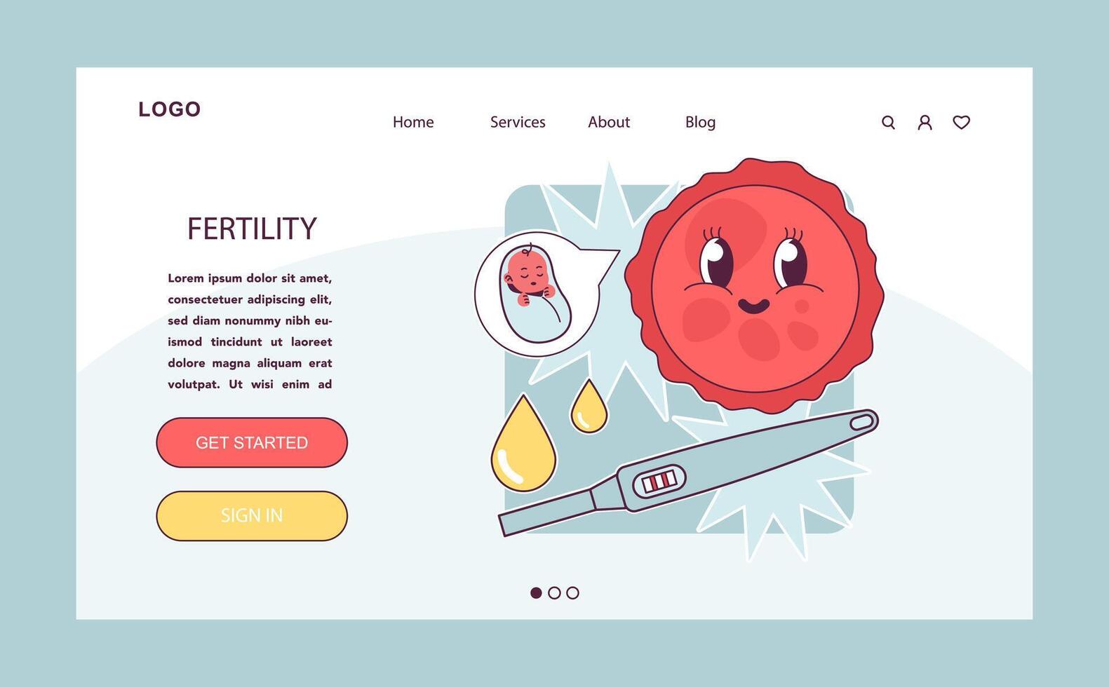 Fertility web or landing. Smiley ovum vintage cartoon character visualizes vector