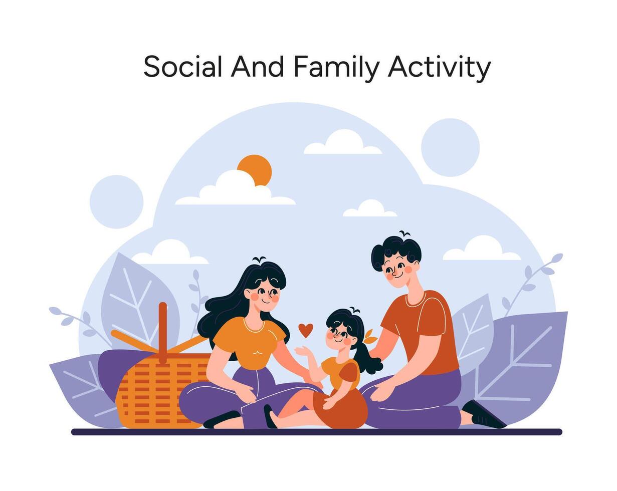 A heartwarming illustration of quality time, with a parent and children enjoying nature and each other's company vector