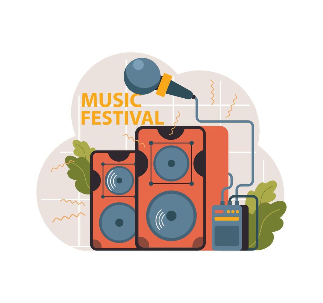 Dynamic speakers and microphone set against. Flat illustration vector