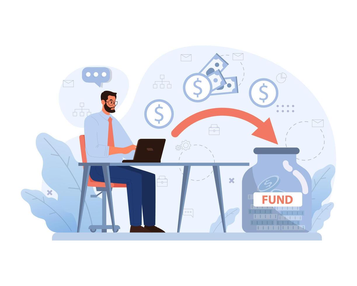 Determined man at laptop directs funds for sponsorship. Flat illustration vector