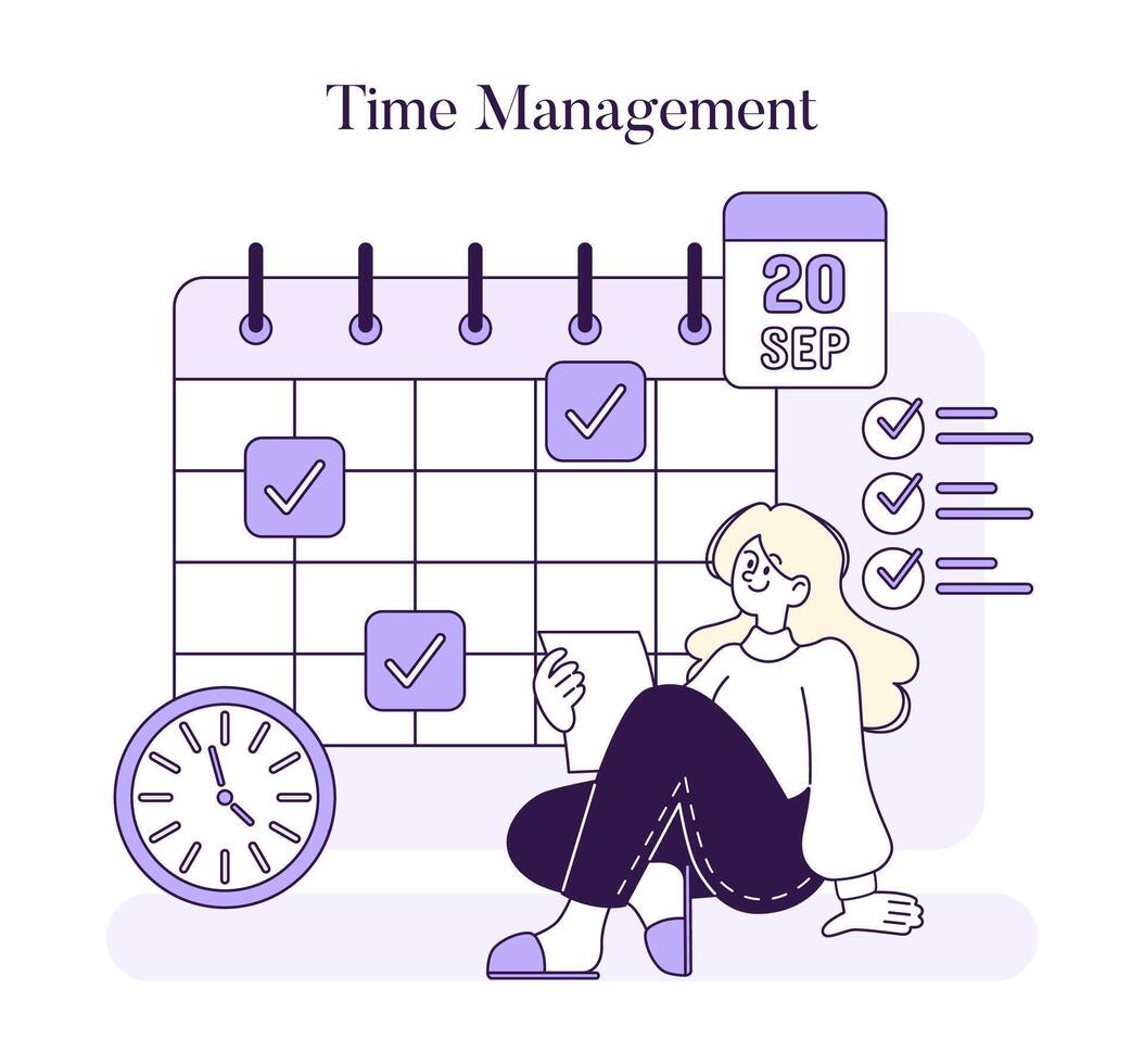 An organized woman efficiently plans her schedule, marking tasks on a calendar, epitomizing structured time utilization vector