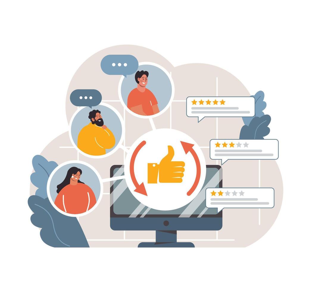 Diverse employees around a computer screen. Flat illustration vector