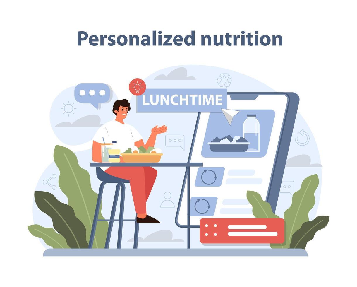 Personalized Nutrition Concept. A man engages with a digital nutrition assistant for a customized meal plan. vector