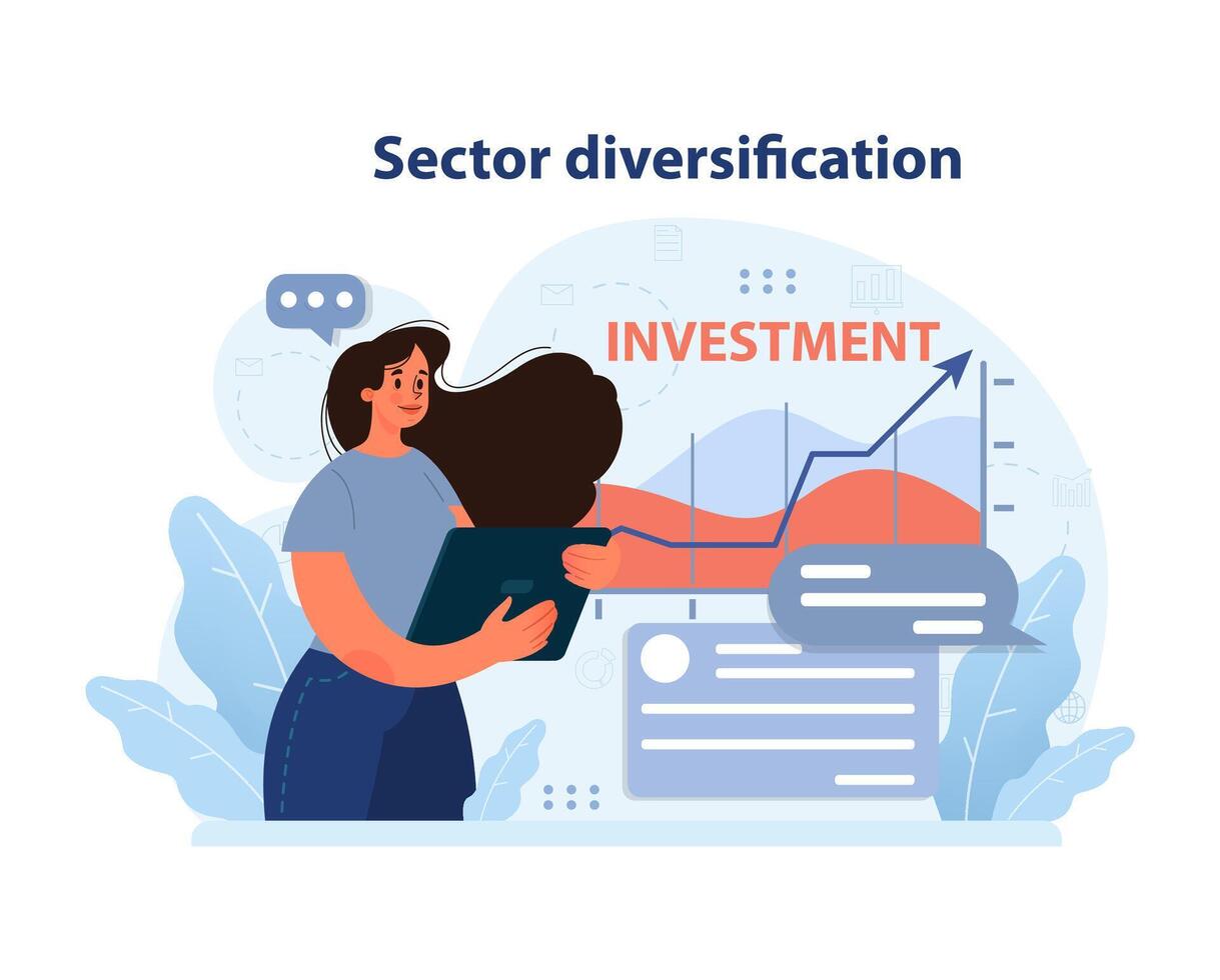 Woman using tablet to study investment trends. Flat illustration. vector