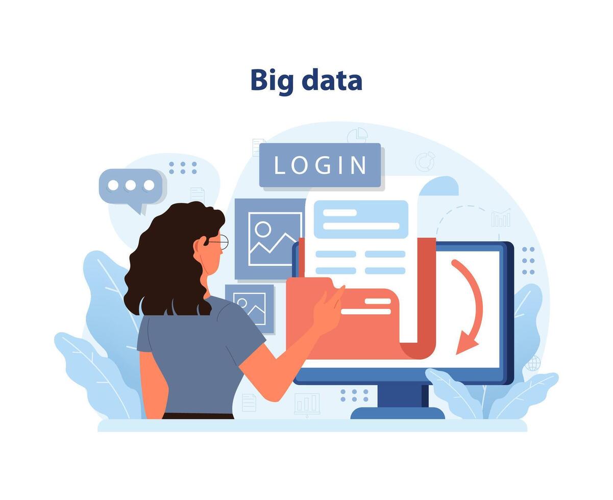 Big Data Analysis. An analyst navigates through vast datasets. vector