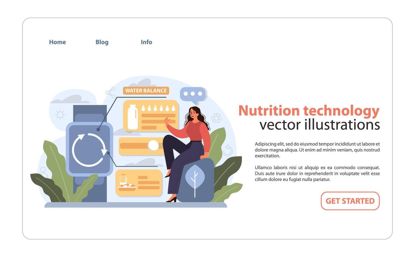 Nutrition Technology Concept. A woman interacts with a digital platform for dietary tracking. vector