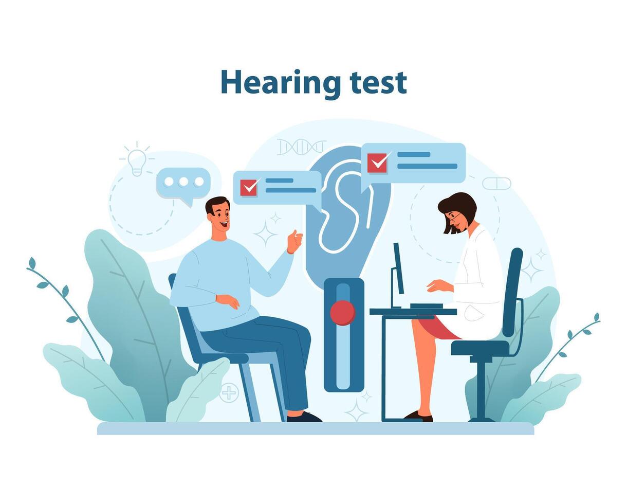 Hearing Test Procedure. Detailed illustration of a patient undergoing an audiometric test with. vector