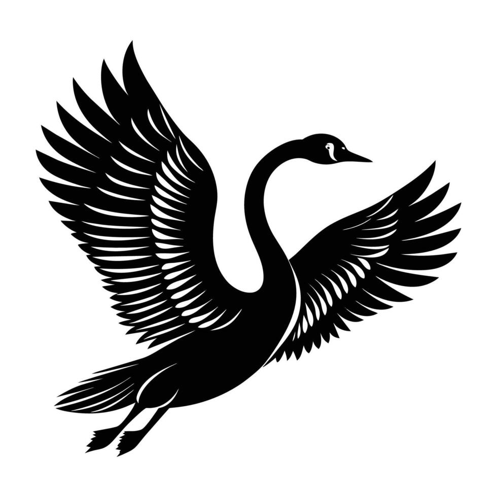 A silhouette flying bird swan black and white logo clip art vector