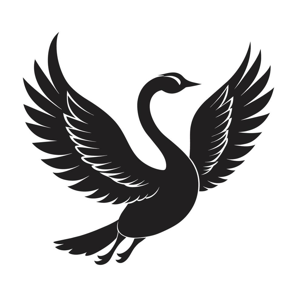 A silhouette flying bird swan black and white logo clip art vector