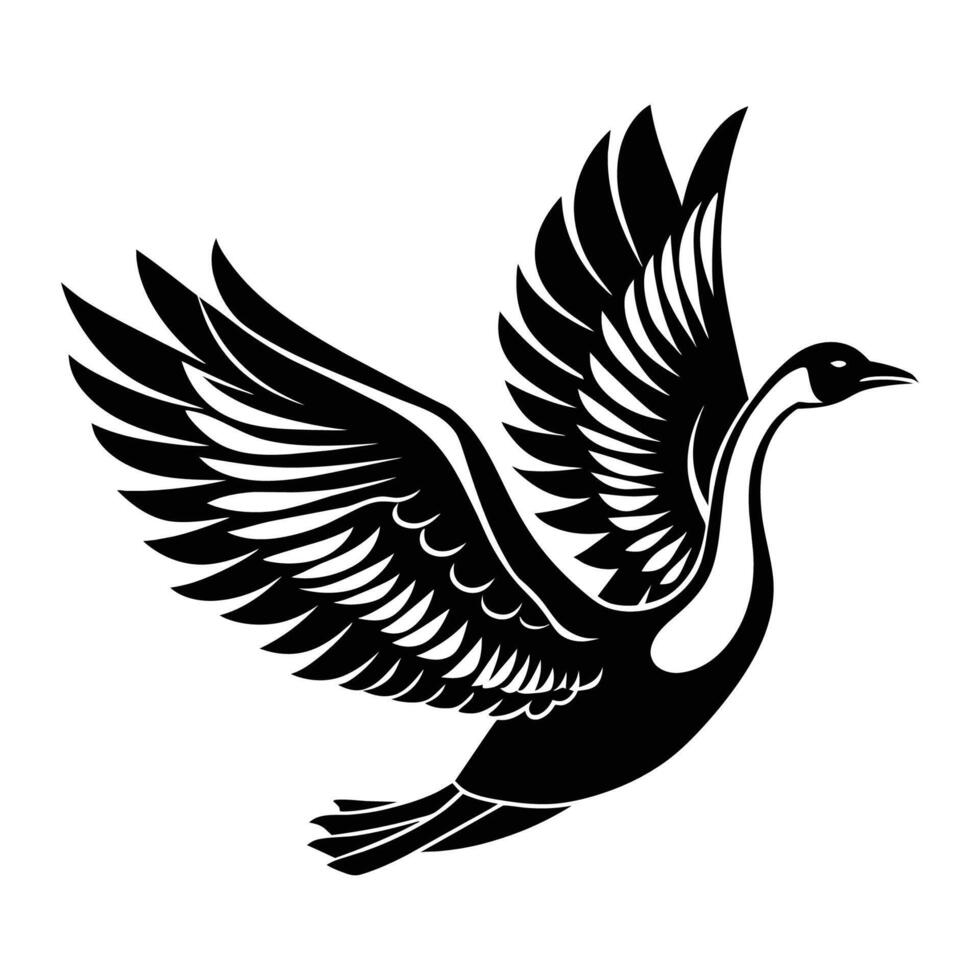 A silhouette flying bird swan black and white logo clip art vector