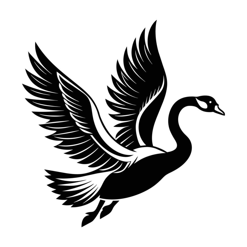 A silhouette flying bird swan black and white logo clip art vector