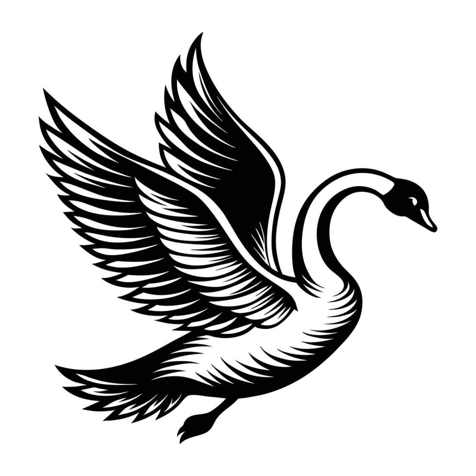 A silhouette flying bird swan black and white logo clip art vector