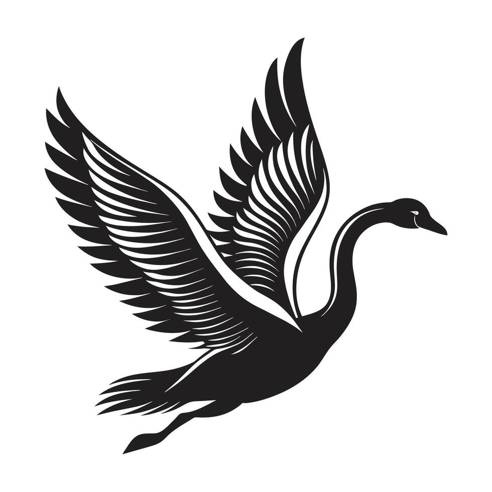 A silhouette flying bird swan black and white logo clip art vector