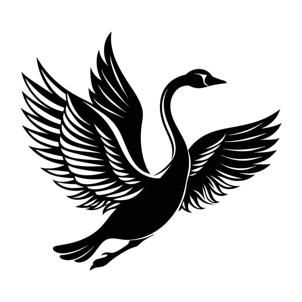 A silhouette flying bird swan black and white logo clip art vector