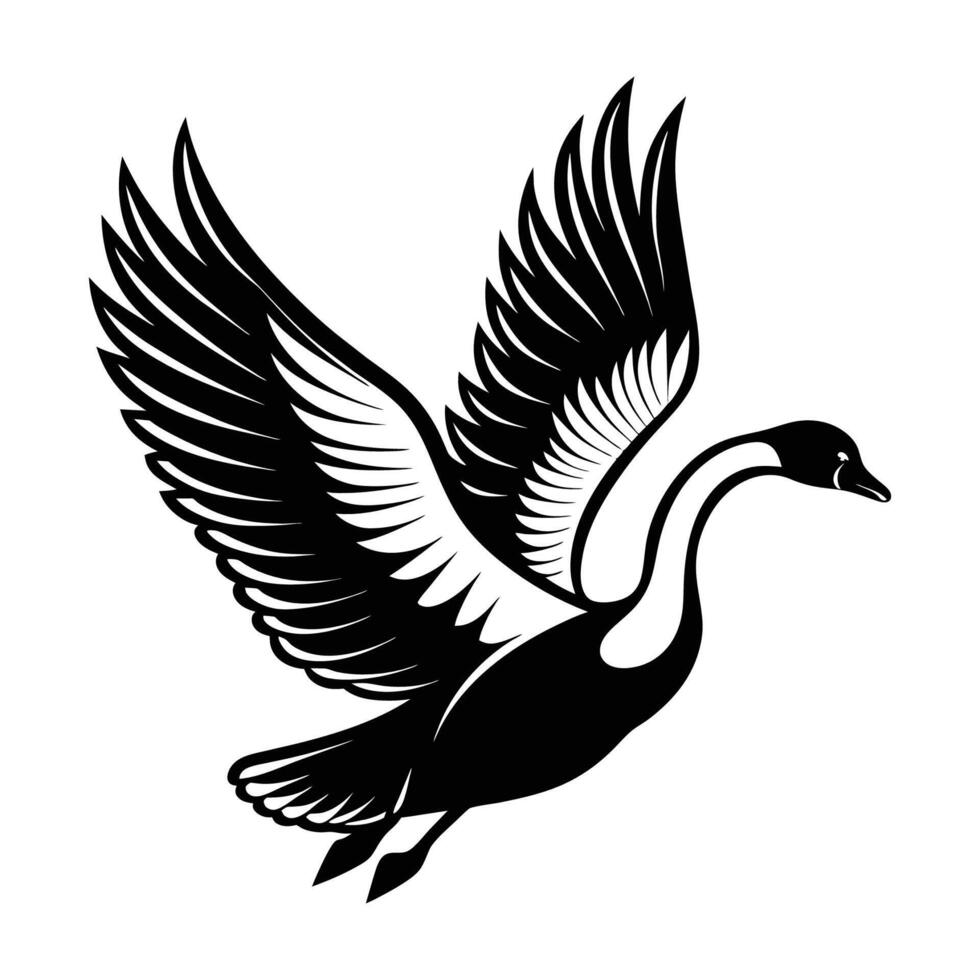 A silhouette flying bird swan black and white logo clip art vector