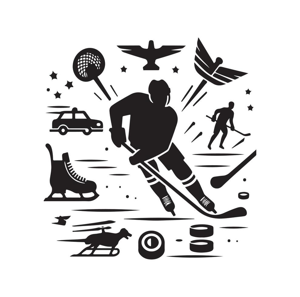 ice hockey player silhouettes icon logo illustration. vector