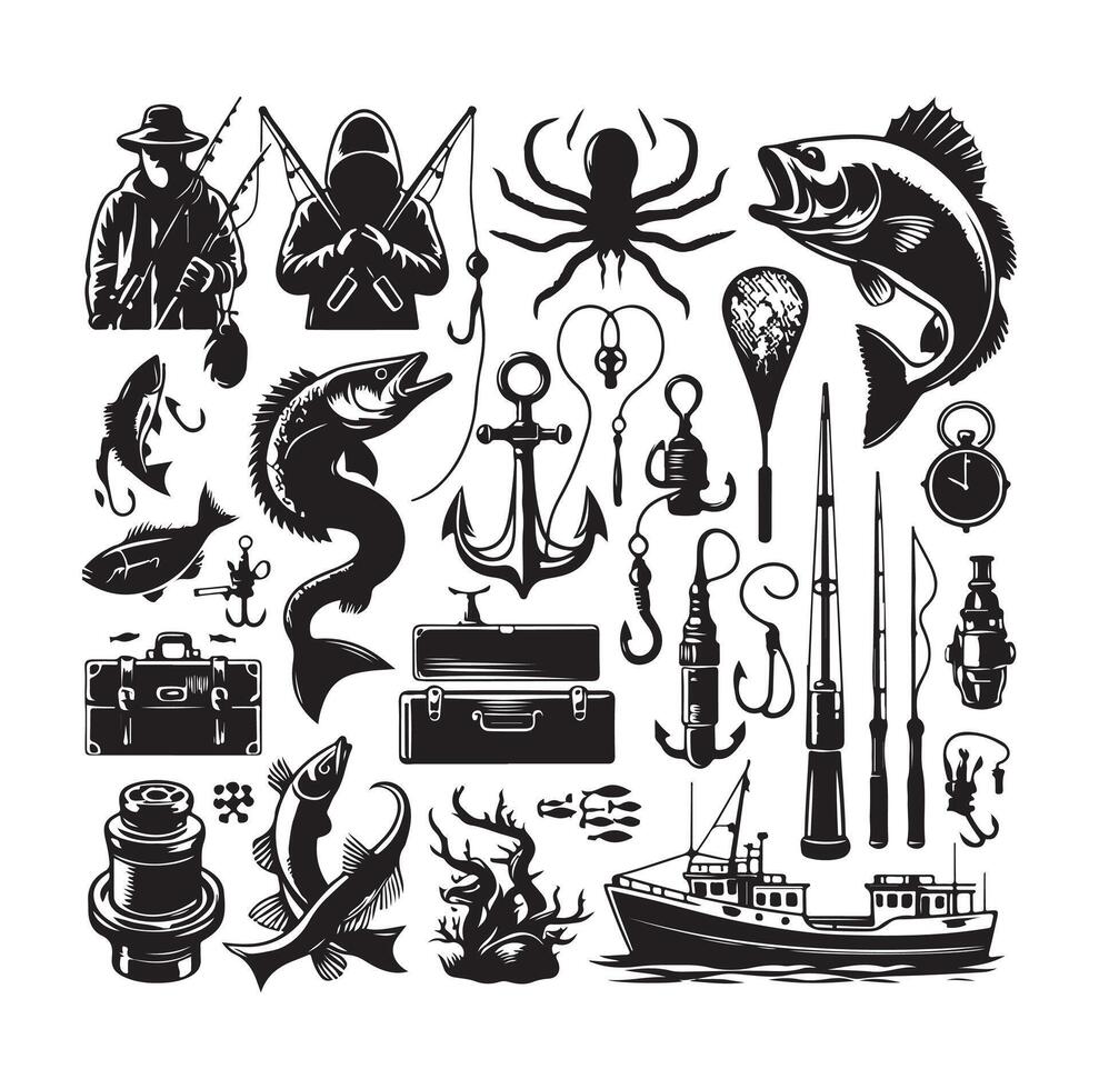 FISHING ELEMENTS ICON ILLUSTRATION SILHOUETTES vector