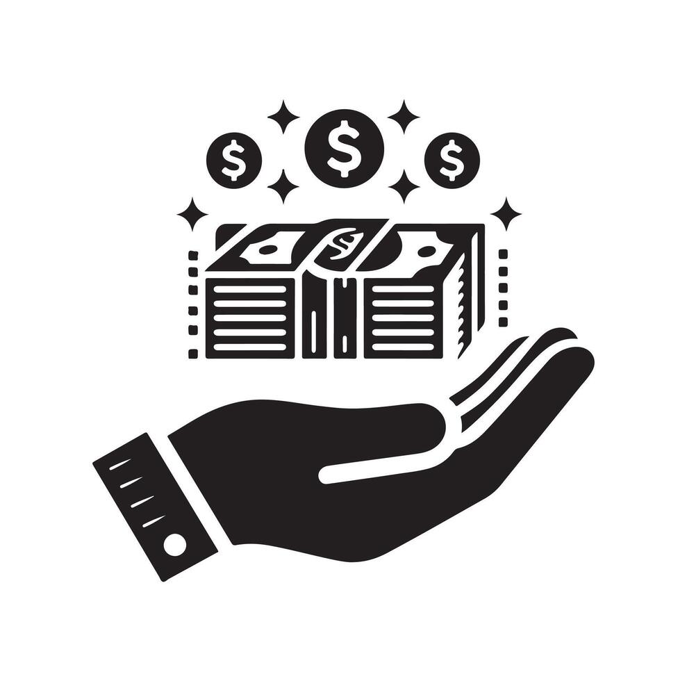 MONEY ON THE HAND SILHOUETTE STYLE. SAVE MONEY ICON, INVESTMENT, FINANCE SIGN. vector