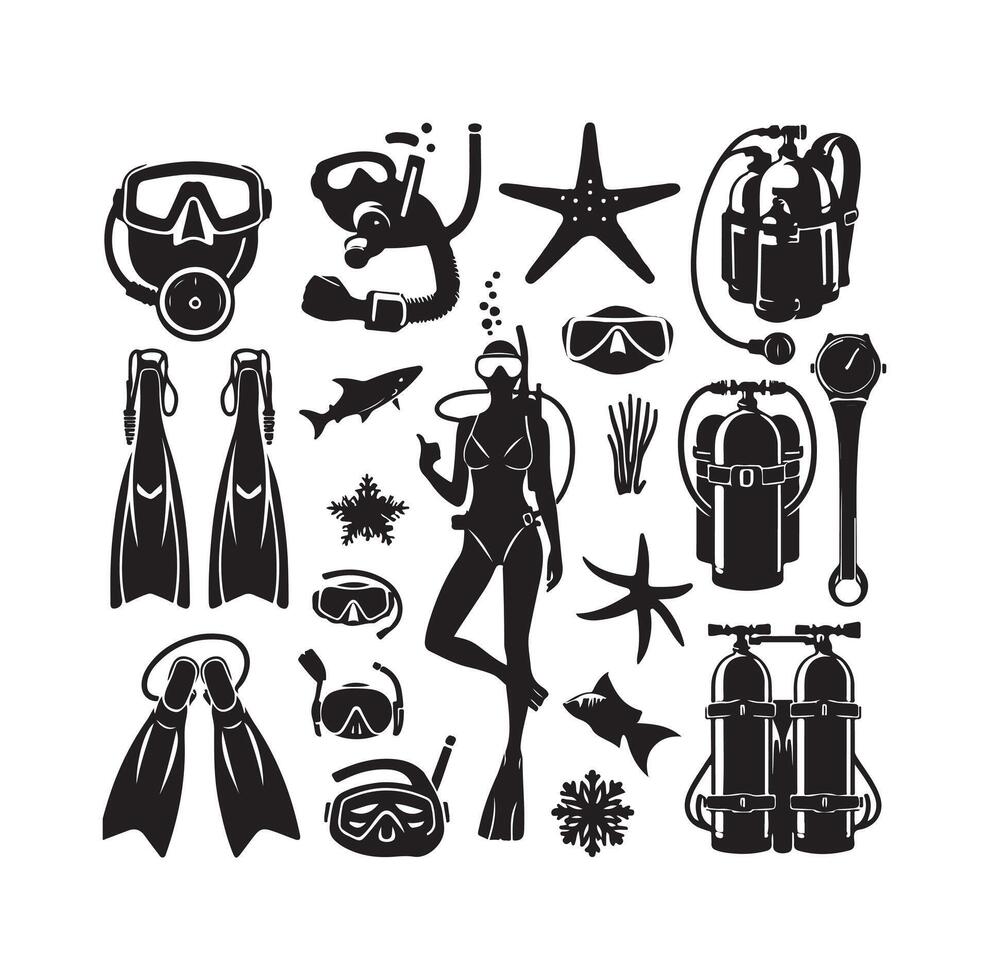 Scuba diving set silhouettes. Scuba diver, underwater sport. Isolated on white background. illustration. vector