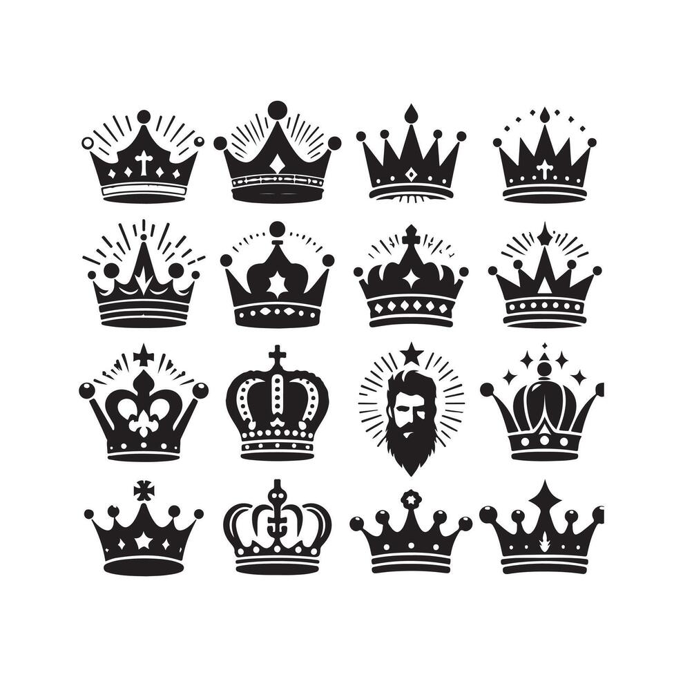 Kings crown icon set illustration silhouette style vector