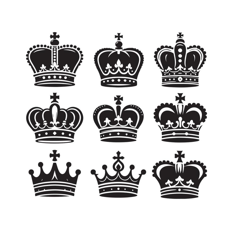 Kings crown icon set illustration silhouette style vector