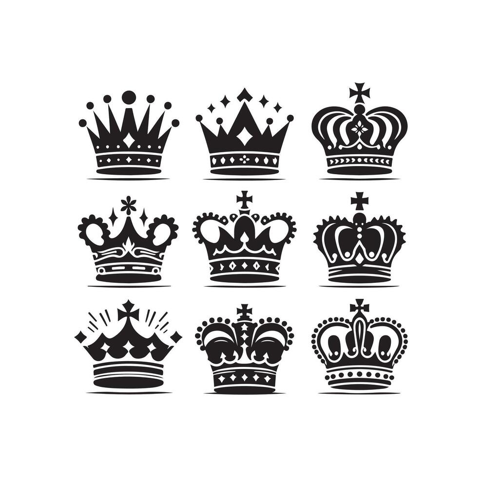 Kings crown icon set illustration silhouette style vector