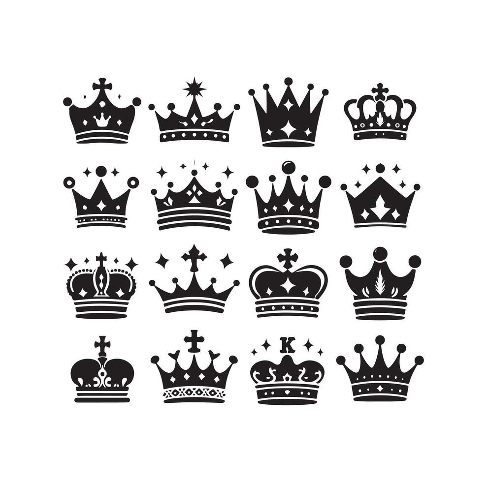 Kings crown icon set illustration silhouette style vector