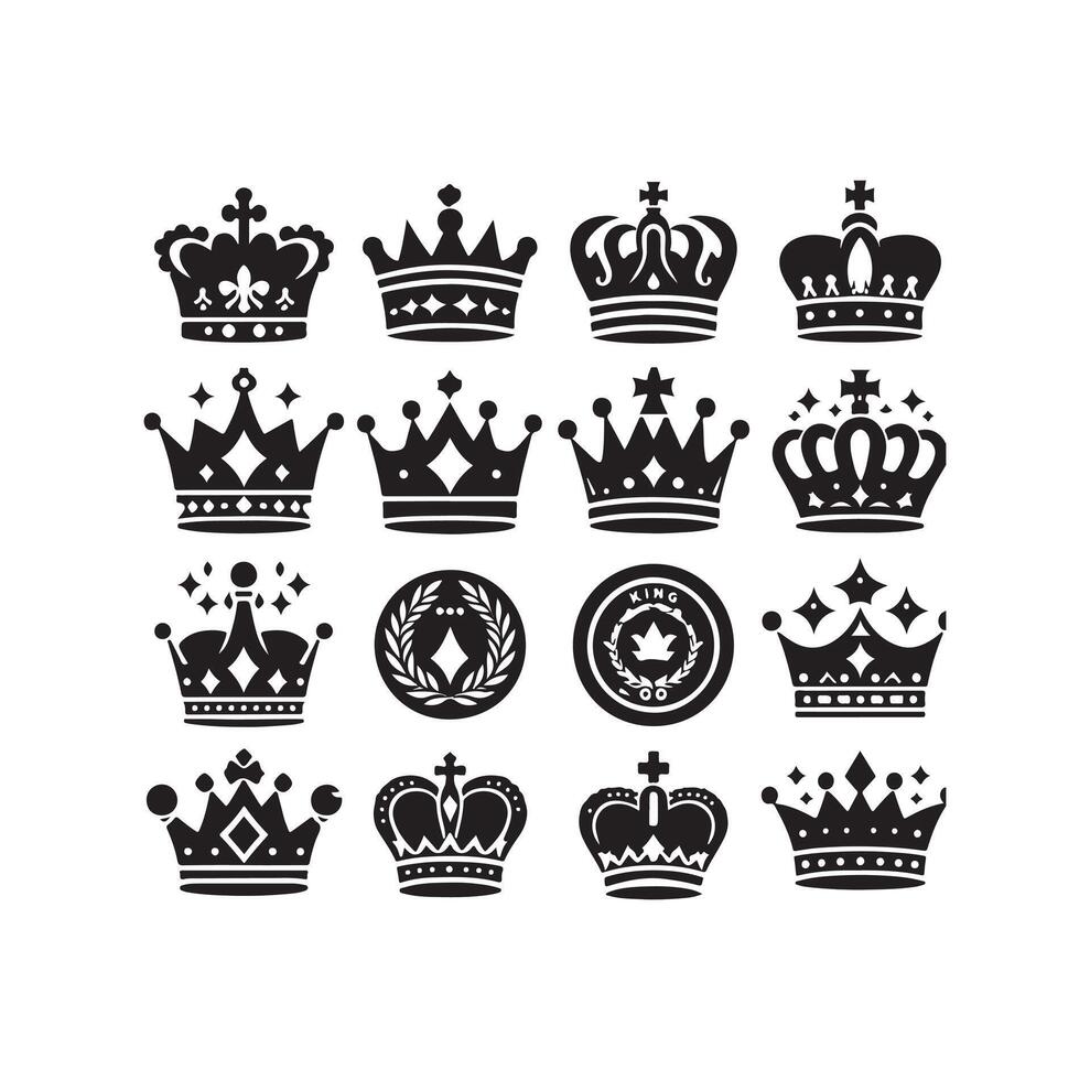 Kings crown icon set illustration silhouette style vector