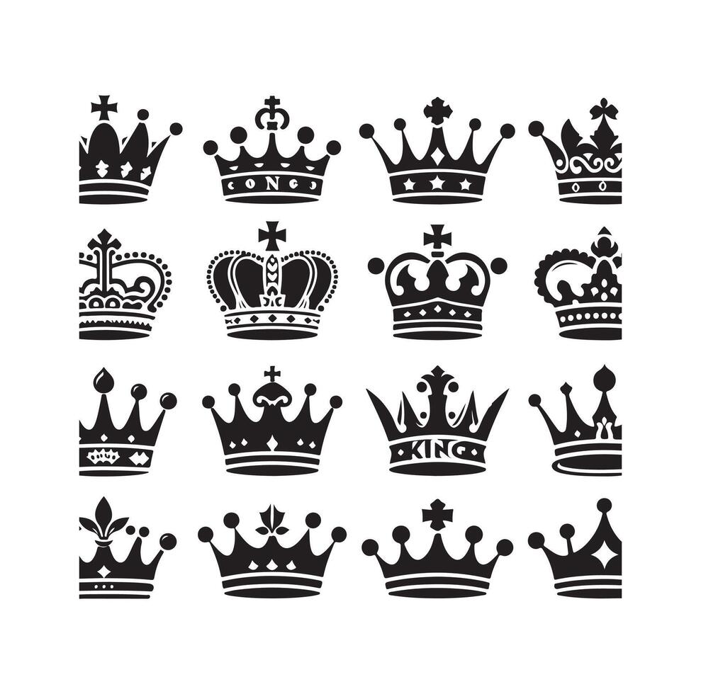 Kings crown icon set illustration silhouette style vector