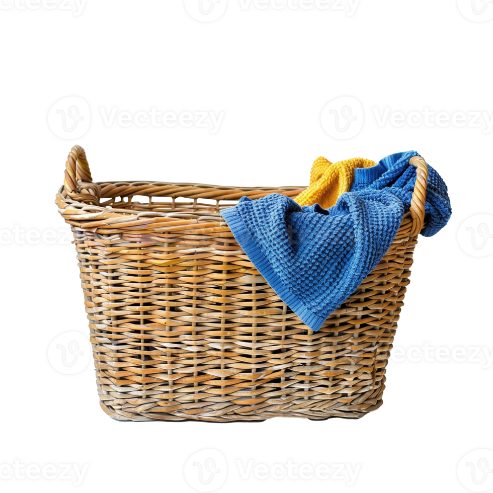 Wicker basket with blue and yellow towels on transparent png