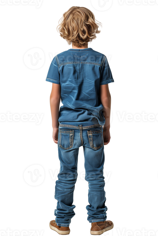Young boy in denim outfit from behind on white background png