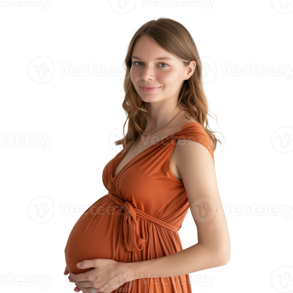 Smiling pregnant woman with hands on belly on transparent background png