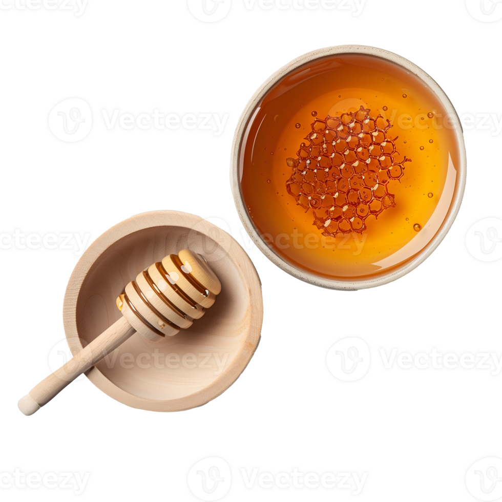 A wooden bowl with honey and a wooden spoon png