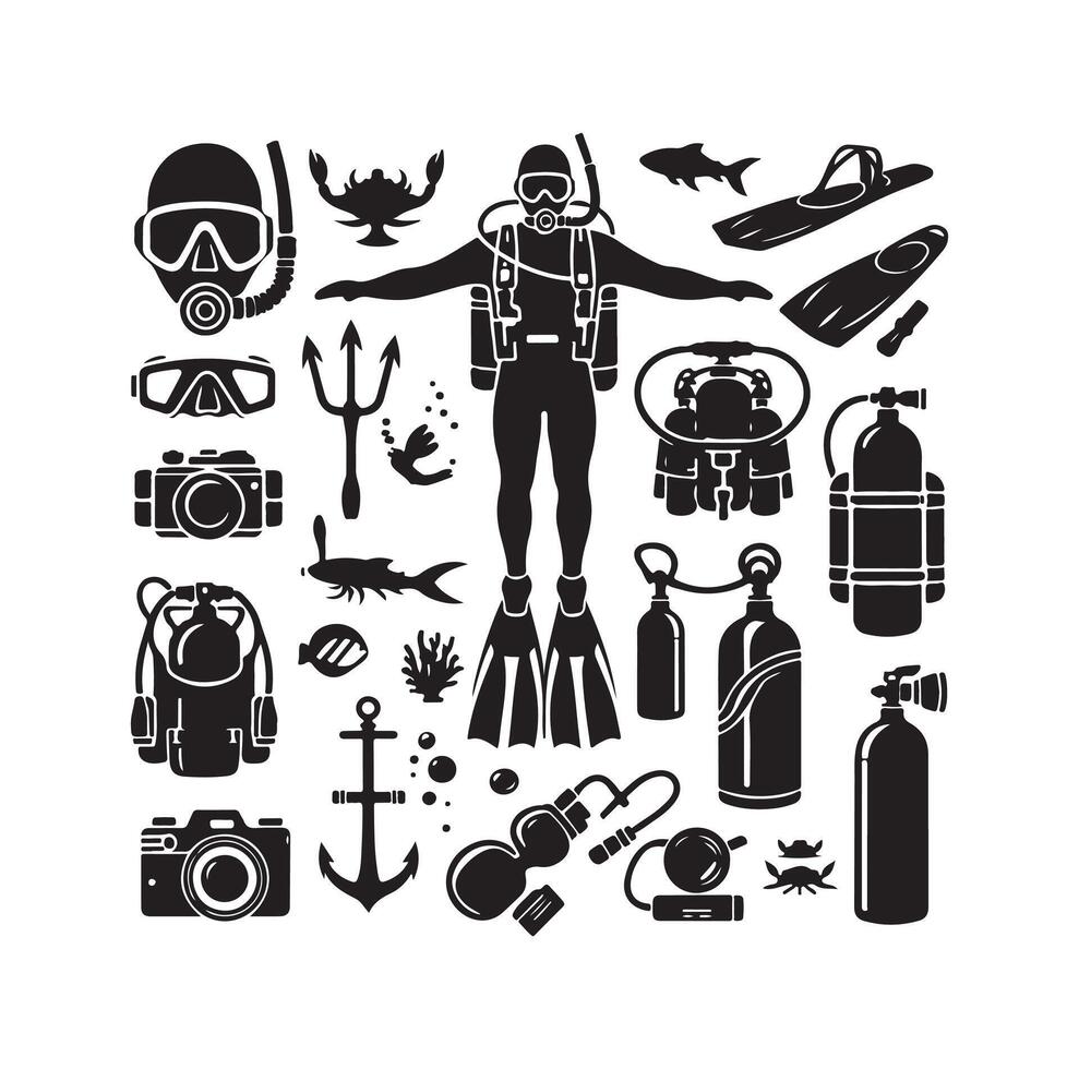 Scuba diving set silhouettes. Scuba diver, underwater sport. Isolated on white background. illustration. vector