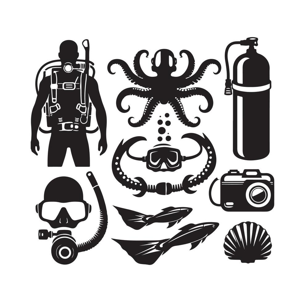 Scuba diving set silhouettes. Scuba diver, underwater sport. Isolated on white background. illustration. vector