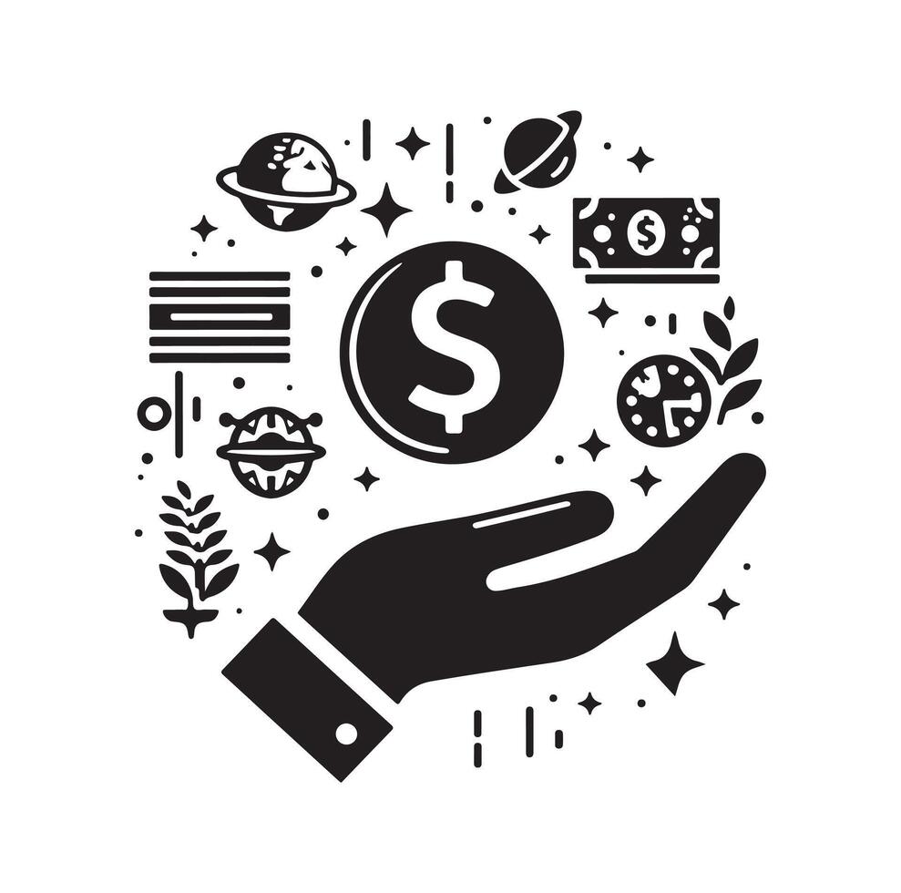 MONEY ON THE HAND SILHOUETTE STYLE. SAVE MONEY ICON, INVESTMENT, FINANCE SIGN. vector