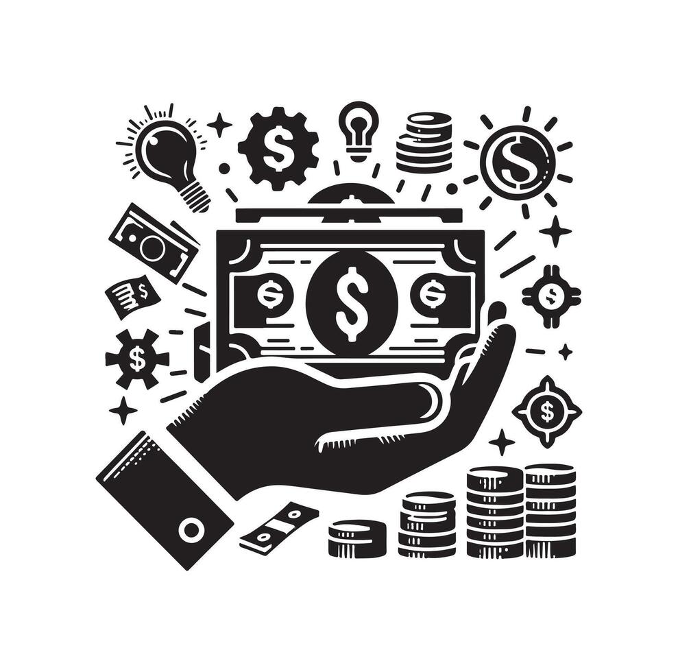 MONEY ON THE HAND SILHOUETTE STYLE. SAVE MONEY ICON, INVESTMENT, FINANCE SIGN. vector