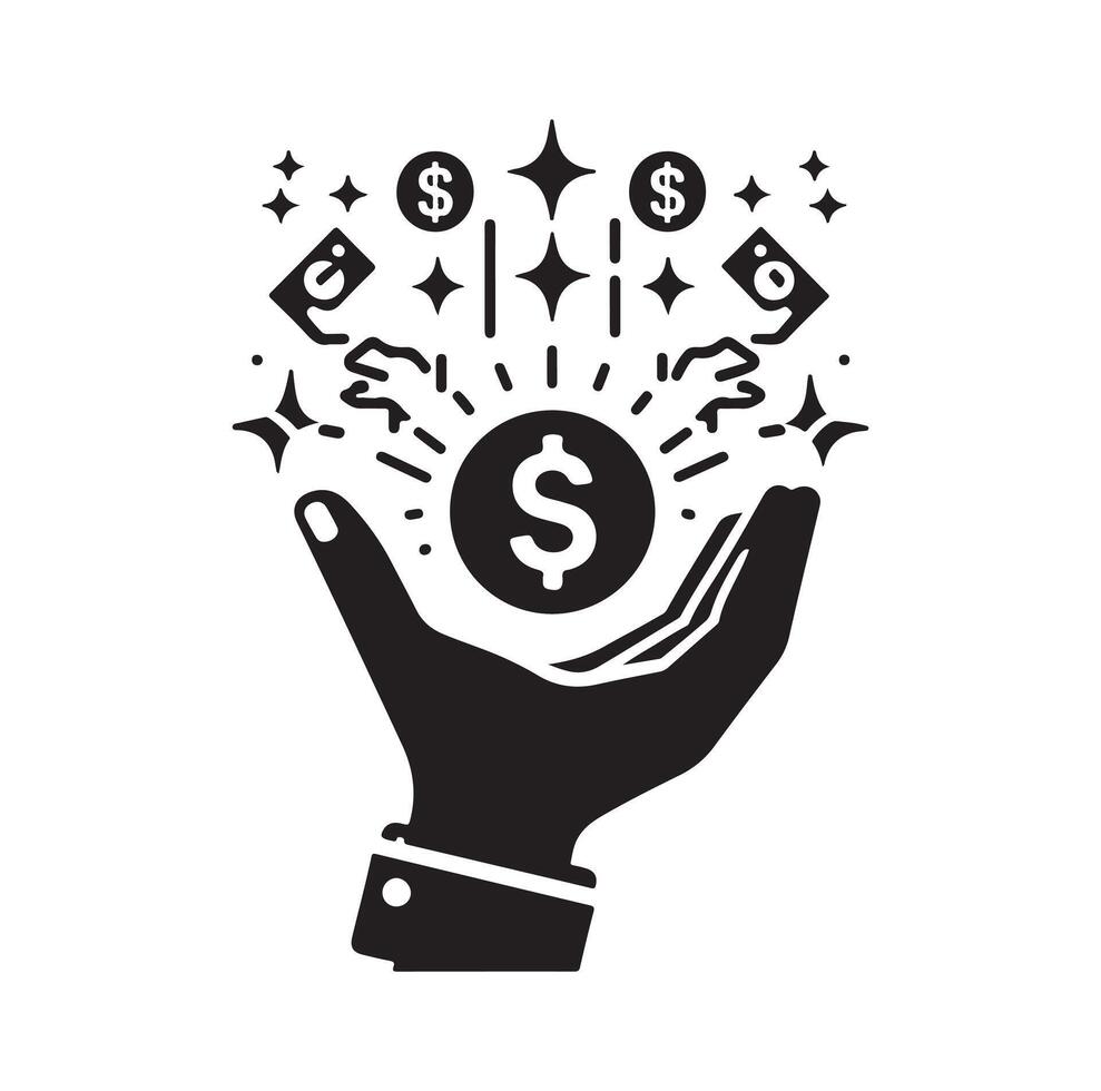 MONEY ON THE HAND SILHOUETTE STYLE. SAVE MONEY ICON, INVESTMENT, FINANCE SIGN. vector