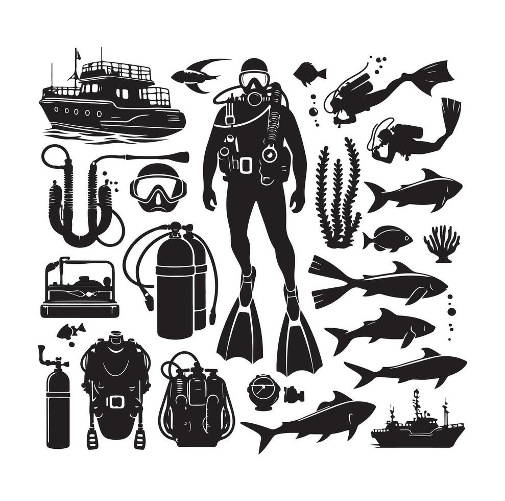 Scuba diving set silhouettes. Scuba diver, underwater sport. Isolated on white background. illustration. vector