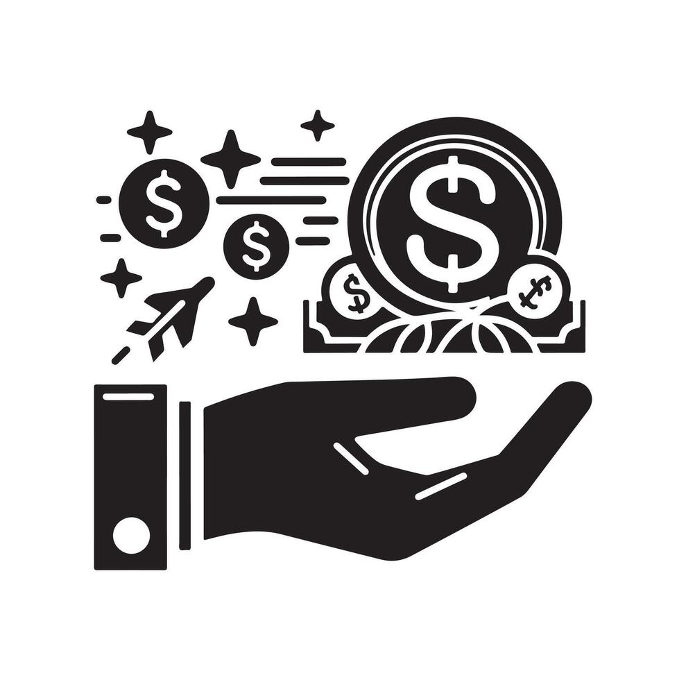 MONEY ON THE HAND SILHOUETTE STYLE. SAVE MONEY ICON, INVESTMENT, FINANCE SIGN. vector