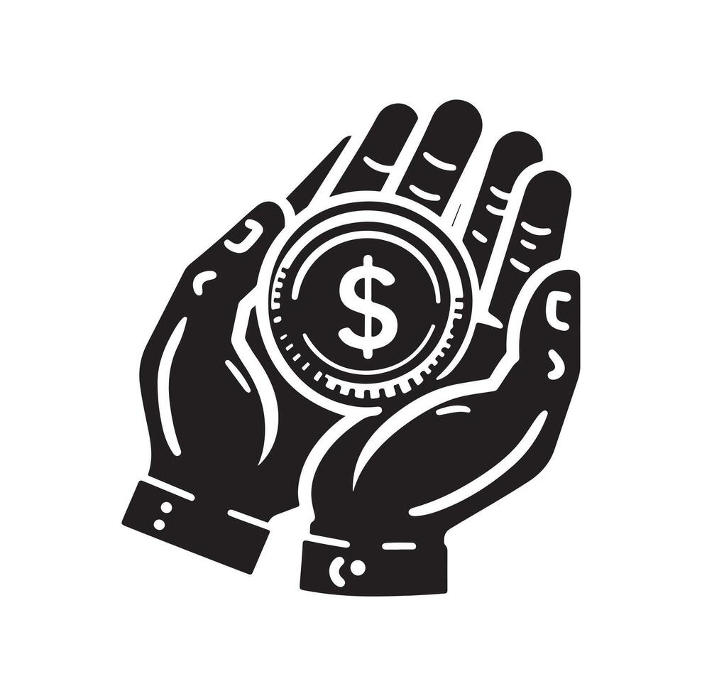 MONEY ON THE HAND SILHOUETTE STYLE. SAVE MONEY ICON, INVESTMENT, FINANCE SIGN. vector