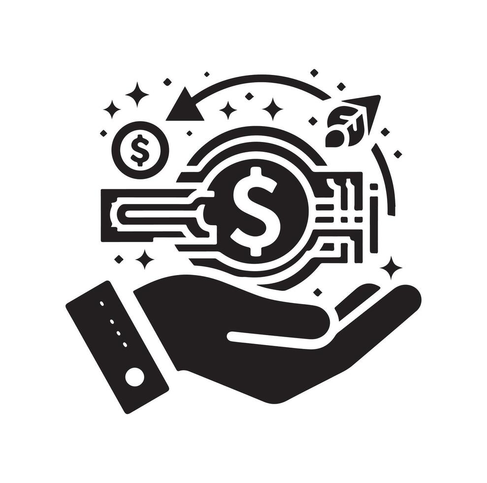 MONEY ON THE HAND SILHOUETTE STYLE. SAVE MONEY ICON, INVESTMENT, FINANCE SIGN. vector