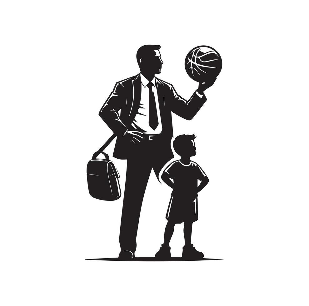 baloncesto jugador papá con pelota cesta silueta vector