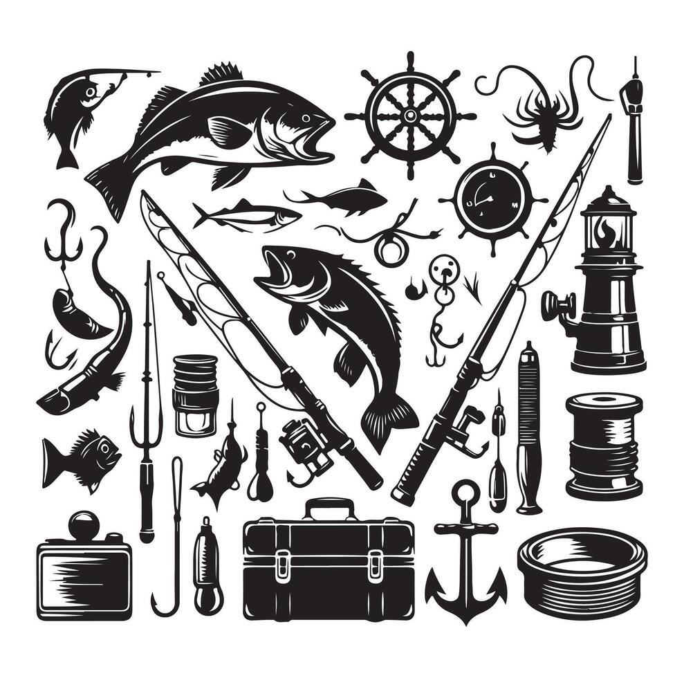 FISHING ELEMENTS ICON ILLUSTRATION SILHOUETTES vector